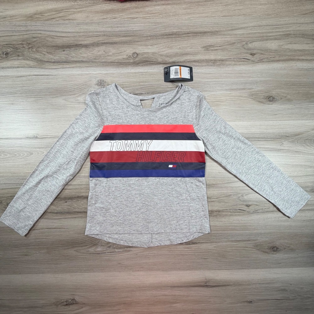 NWT Tommy Hilfiger Girls Long Sleeve Gray Stripe Logo Cutout Back Top‎ Size S 7